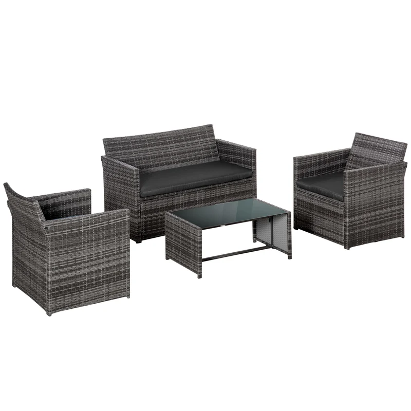 Easycomfort Set 4 P.zi Mobili da Giardino in Rattan (PE), Salotto da Esterni con Tavolo, 2 Sedie, Divano due posti, Grigio