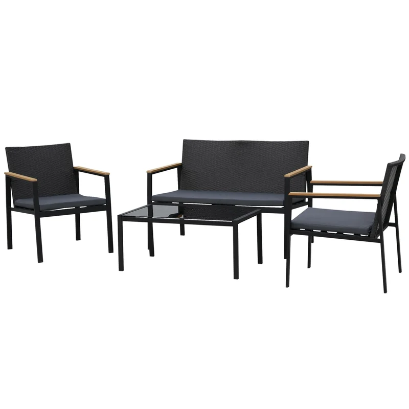 Easycomfort Set 4 Pezzi Salotto da Esterni con 2 Sedie, Divano e Tavolino Mobili da Giardino in Rattan e Acciaio Nero