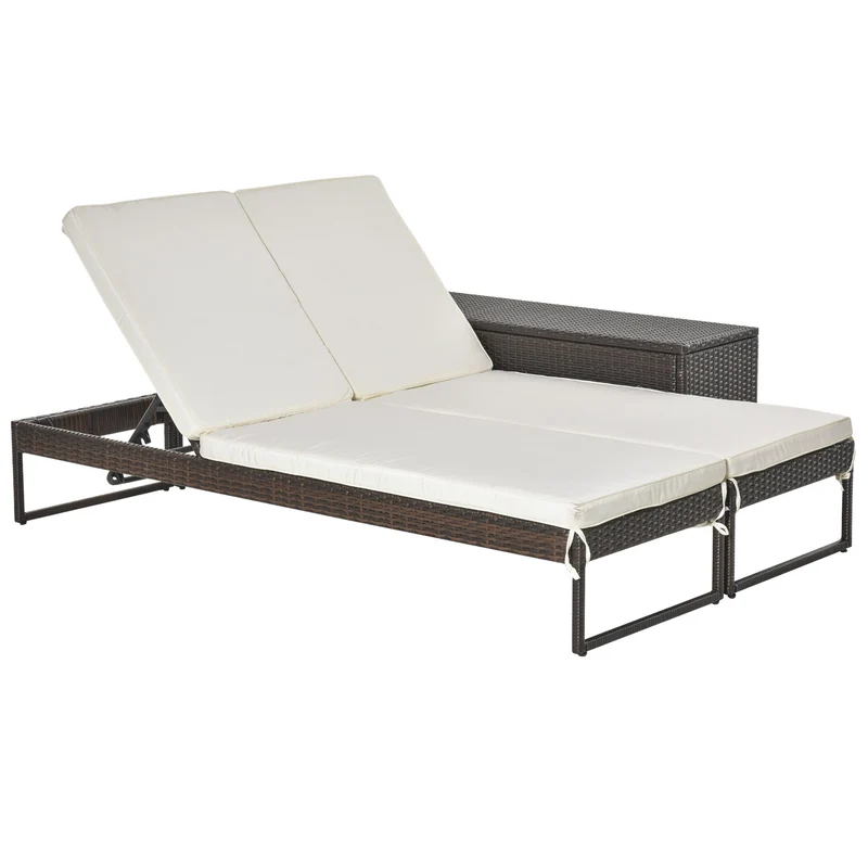 Easycomfort 3pz Componibile 2 Lettino Prendisole da Giardino (60 x 195 x 86cm) e 1 Tavolino (121 x 40 x 50cm) Rattan con Materassini, Marrone e Bianco Crema