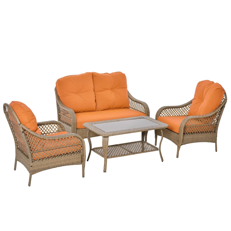 Easycomfort Set Mobili da Giardino in Rattan PE con 2 Poltrone Divano a 2 Posti e Tavolo e Cuscini, Colore Khaki e Arancione
