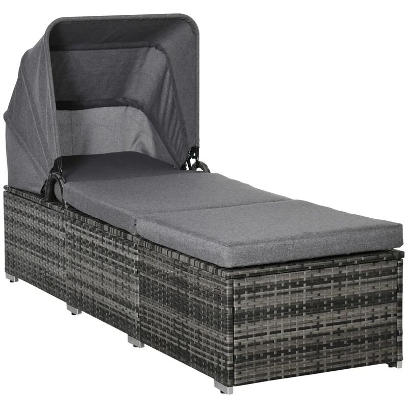 Easycomfort Lettino Prendisole in Rattan PE, Schienale Reclinabile a 4 Livelli, Tettuccio e Materassino