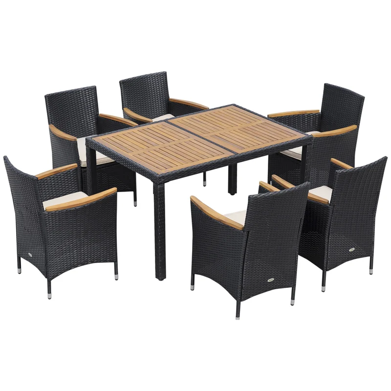 Easycomfort Set Tavolo e Sedie da Giardino 7 Pezzi in PE Rattan e Legno con Cuscini Morbidi, Nero
