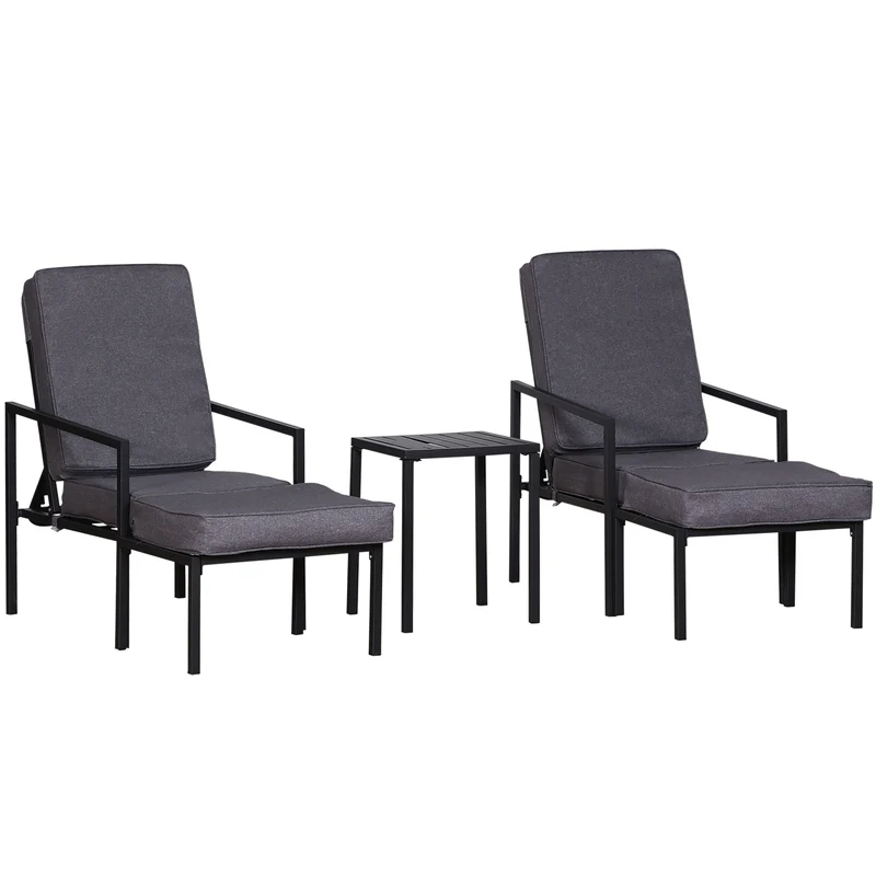 Easycomfort Set 5 Pezzi Mobili da Esterno, 2 Sedie Sdraio Reclinabili, 2 Pouf e 1 Tavolino, Grigio e Nero, Metallo e Poliestere
