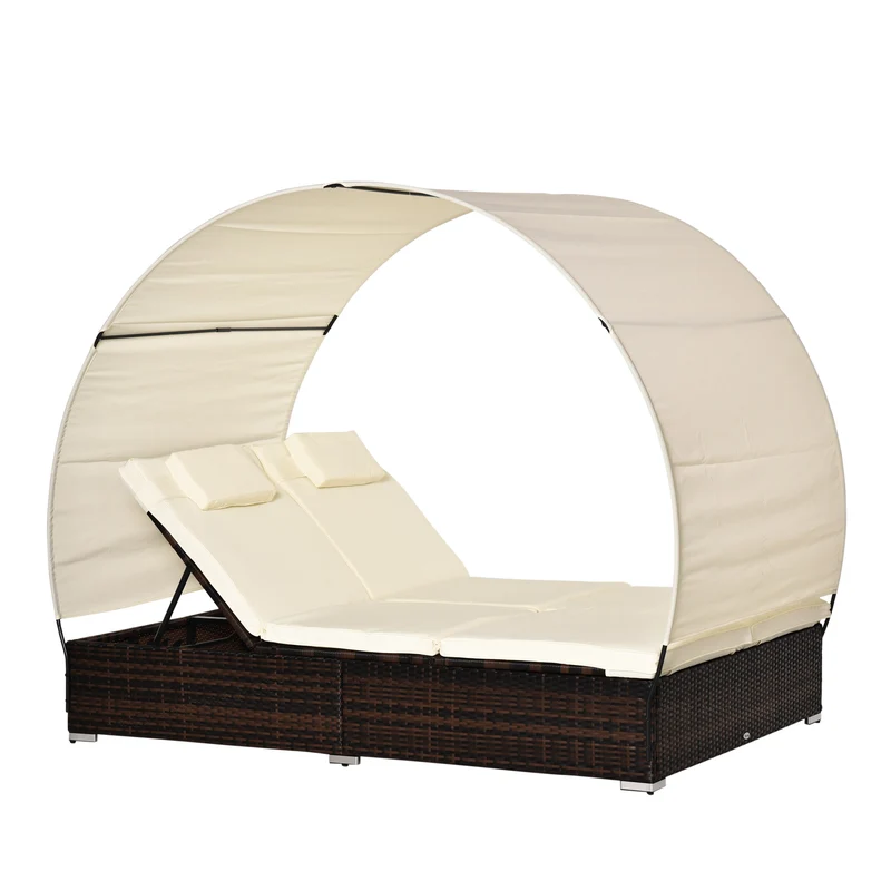 Easycomfort Sdraio da Giardino Doppia con Tettuccio e Schienale 5 Reclinazioni, Lettino Prendisole in Rattan PE 196x137x31cm Bianco Crema