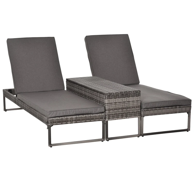 Easycomfort 3pz Componibile 2 Lettini Prendisole (60 x 195 x 86cm) 1 Tavolino (121 x 40 x 50cm) Rattan con Materassini Grigio