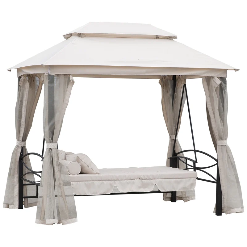 Easycomfort Dondolo 3 Posti e Lettino Singolo Copertura a Gazebo con Zanzariera e Cuscini 256x172x248cm Crema