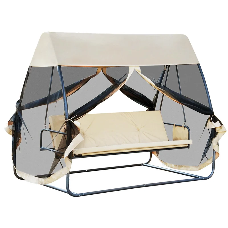Easycomfort Dondolo Letto da Giardino con Zanzariera Caffè chiaro, Dondolo Ribaltabile 3 Posti per Esterno e Balcone 240x140x197cm