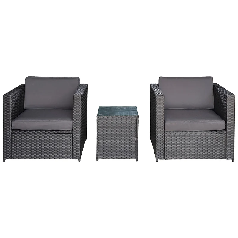 EasyComfort Set Mobili da Giardino Rattan PE da 3 Pezzi, 2 Poltrone da Esterno, Tavolino e Cuscini, Nero