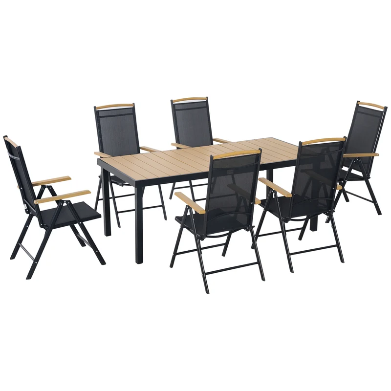 Easycomfort Set 7Pz Tavolo con Sedie da Giardino Pieghevoli e Regolabili in Texteline, Nero