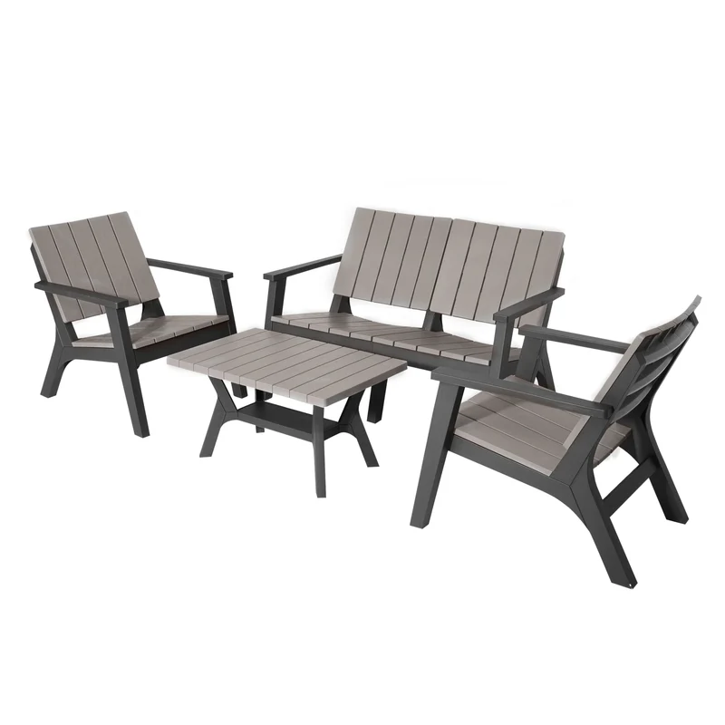 EasyComfort Set Tavolino e Sedie da Giardino, Salotto da Esterno con Tavolo e Sedie Adirondack, 4 Pezzi, Grigio e Nero