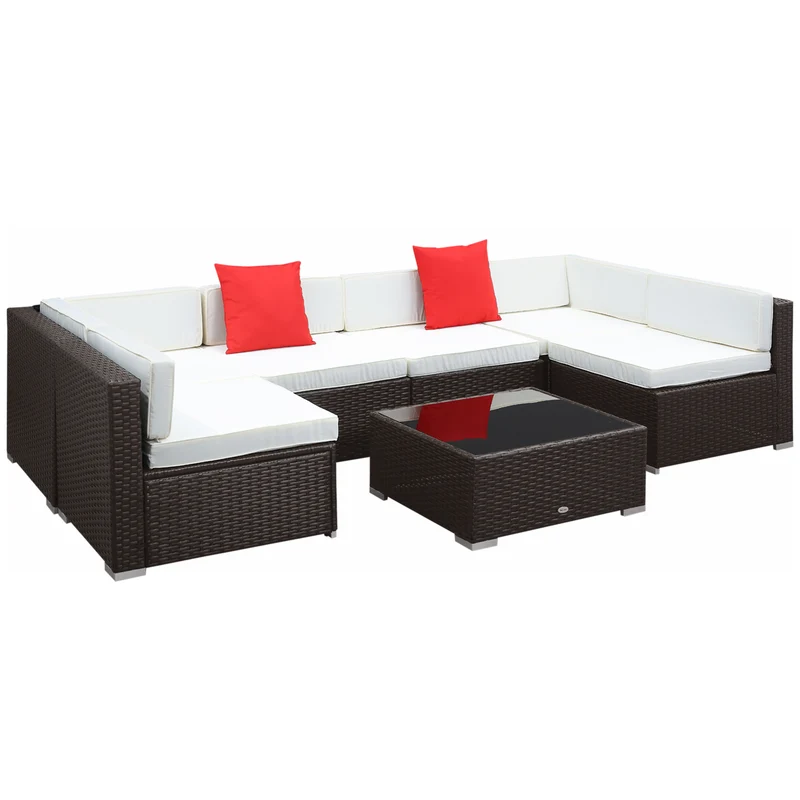 Easycomfort Salotto da Giardino in Rattan da 7 Pezzi con Tavolino e Divano Modulabile con Cuscini, Crema