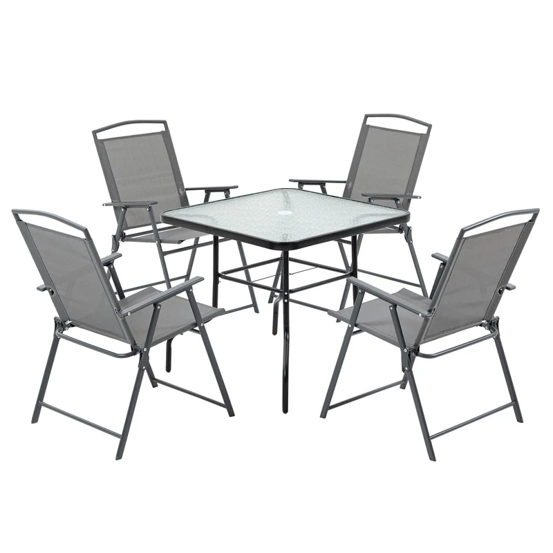 Easycomfort Set Tavolo con 4 Sedie da Giardino Pieghevoli e Foro per Ombrellone, Nero