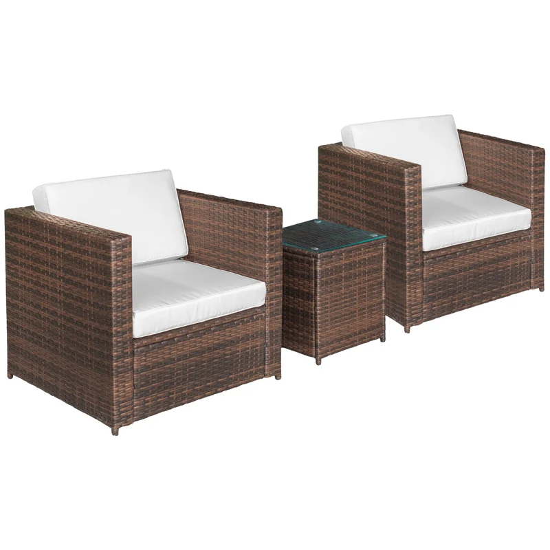 Easycomfort Set Mobili da Giardino Rattan PE da 3 Pezzi, 2 Poltrone da Esterno, Tavolino e Cuscini, Marrone