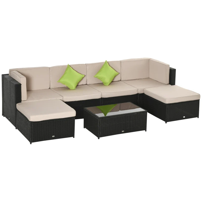 Easycomfort Set da 7 Pezzi Salotto da Esterni in Rattan con Poltrona Pouf Tavolino Nero e Beige