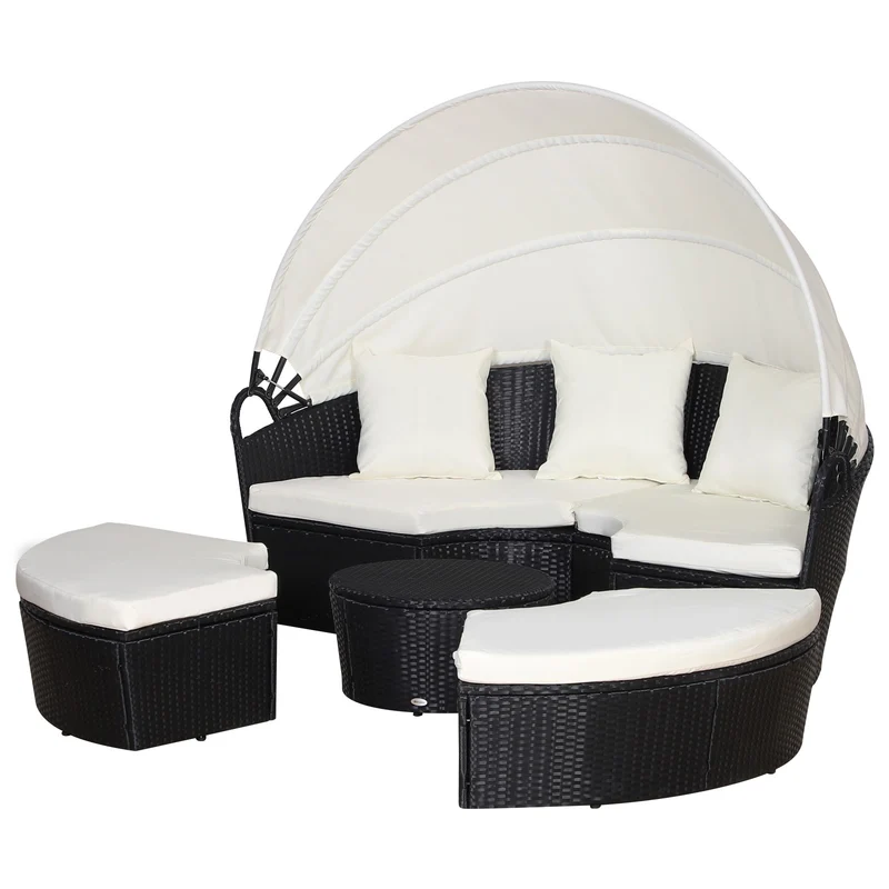 Easycomfort Set 4 Pzi Divano Circolare da Giardino, Mobili Componibili Rattan Nero, Tettuccio e Cuscini Beige 180x175x147cm