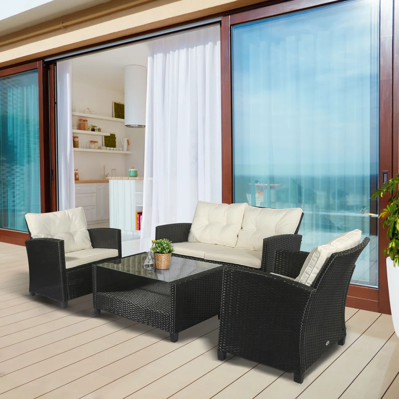 Easycomfort Set Mobili da Giardino 4 Pezzi in Rattan PE e Tavolino, Divano e Poltrone Imbottiti Nero e Beige 124x68x76cm