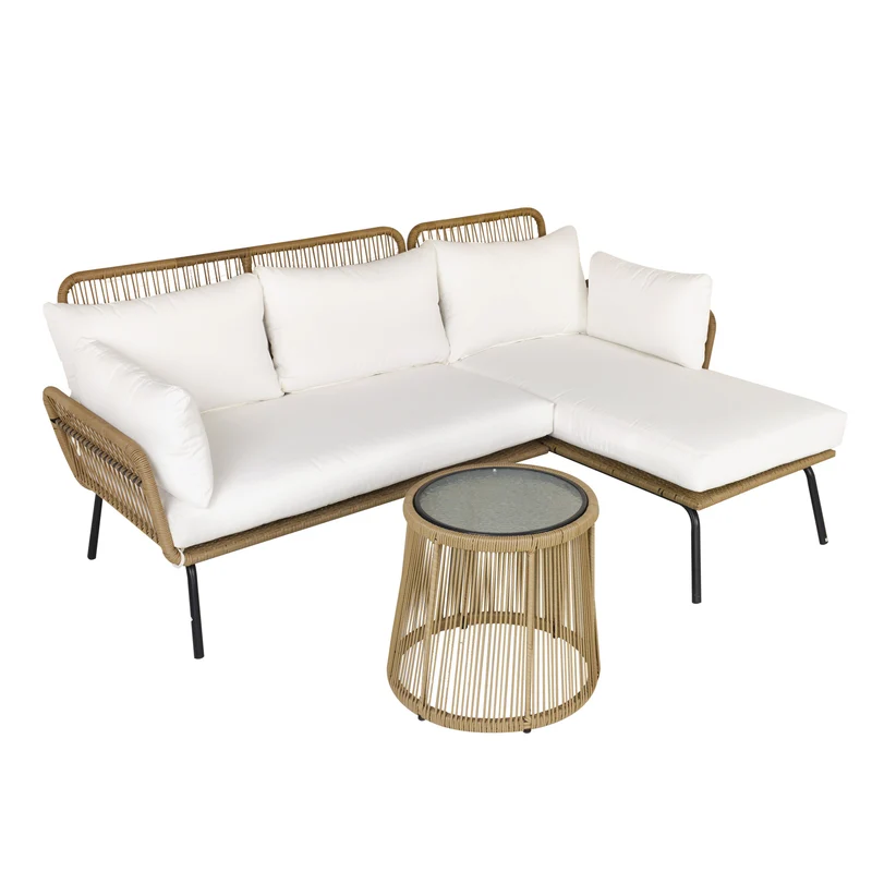 Easycomfort Set da Giardino in Rattan Stile Boho Chic con Divano Angolare e e Tavolino, Beige e Caffè