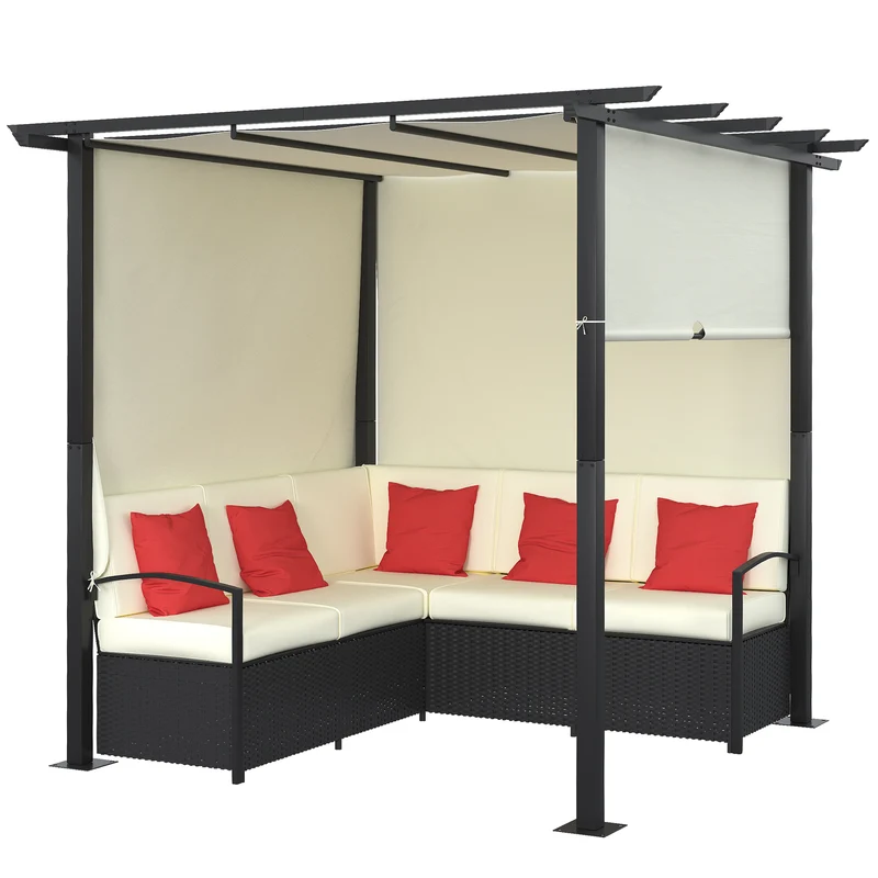 EasyComfort Set da Giardino con 2 Divani in Rattan PE e Pergola con Tenda Regolabile, 230x230x210cm, Beige