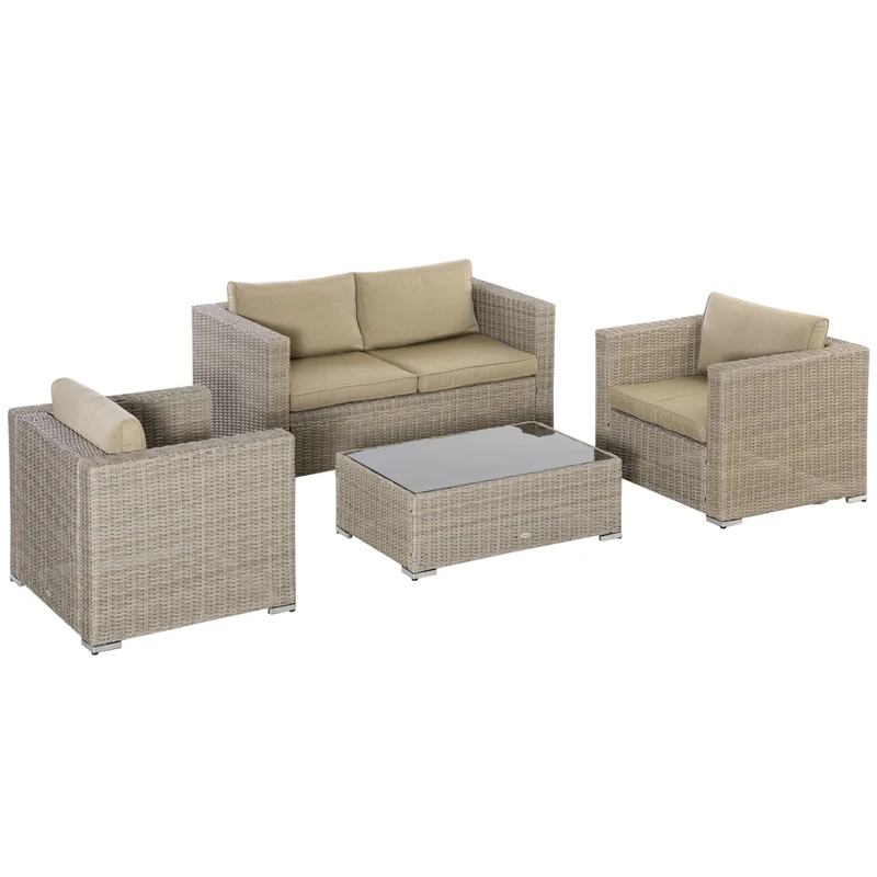 Easycomfort Set 4 Pz Salotto da Esterni in Rattan con 1 Divano, 2 Poltrone e 1 Tavolino, Kaki e Beige