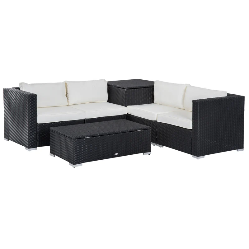 Easycomfort Set da Giardino 6 Pezzi, 4 Poltrone con Cuscini e 2 Tavolini Contenitore in Rattan PE, Nero e Crema