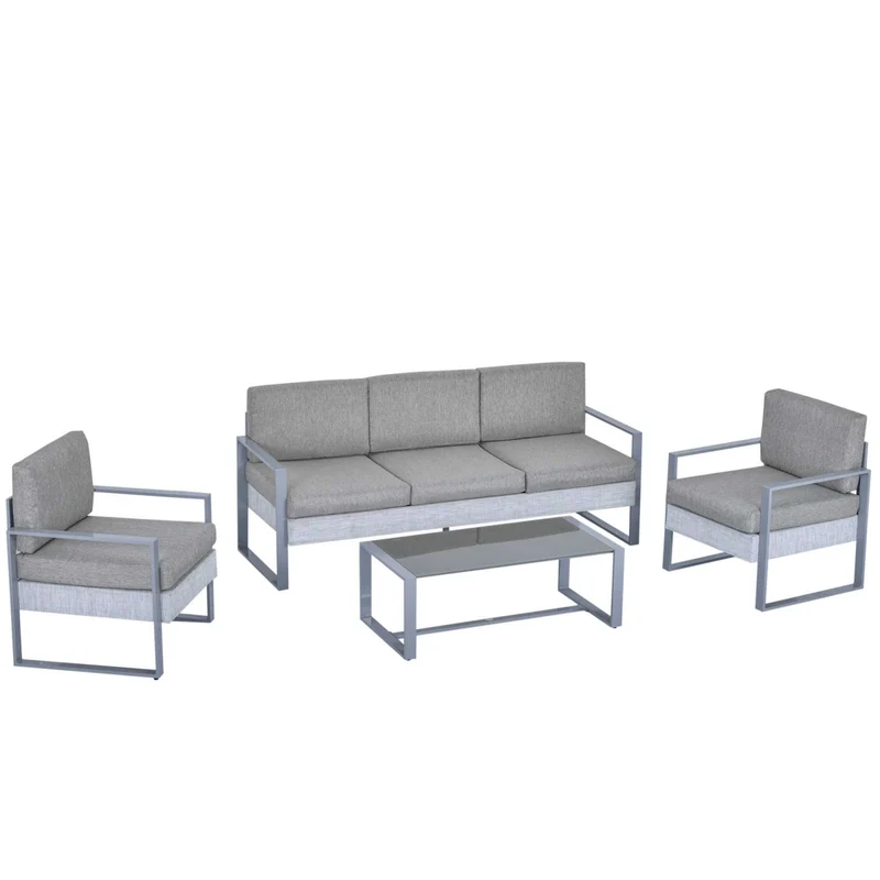 EASYCOMFORT Set 4 Pezzi Mobili da Giardino con Divano 3 Posti, 2 Poltrone con Cuscini e Tavolino in Alluminio e Vetro Grigio