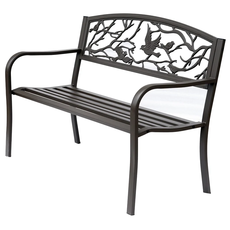 Easycomfort Panchina da giardino Impermeabile Acciaio e Ghisa per Esterni, Schienale con Decorazioni Motivo Naturale, 127x60cm, Marrone