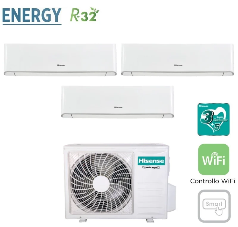 Climatizzatore Condizionatore Hisense Trial Split Inverter serie ENERGY 9+9+12 con 3AMW62U4RFA R-32 Wi-Fi Integrato 9000+9000+12000