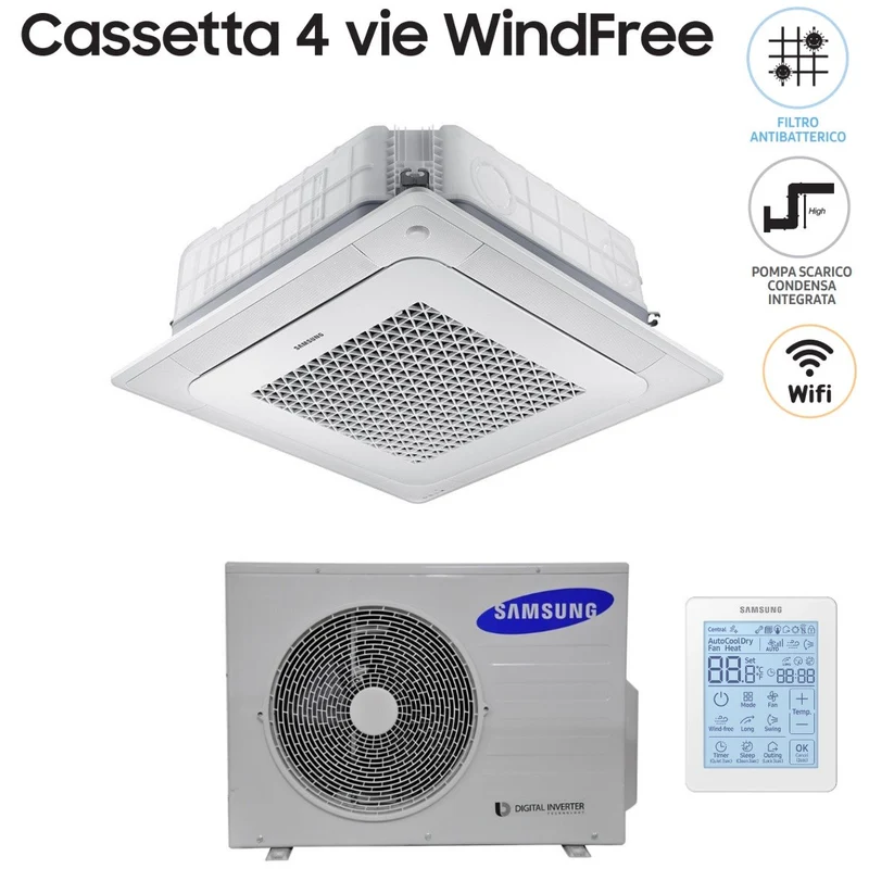 Climatizzatore Condizionatore Samsung Inverter Cassetta 4 Vie WindFree 36000 btu AC100NN4DKH Monofase con Telecomando Wireless e Pannello Incluso