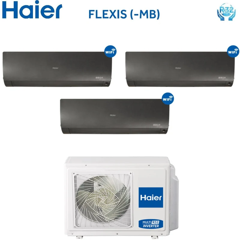 Climatizzatore Condizionatore Trial Split Inverter HAIER serie FLEXIS Black / Nero 7000+9000+12000 btu con 3U70S2SR2FA R-32 Wi-Fi 7+9+12 - NOVITA'