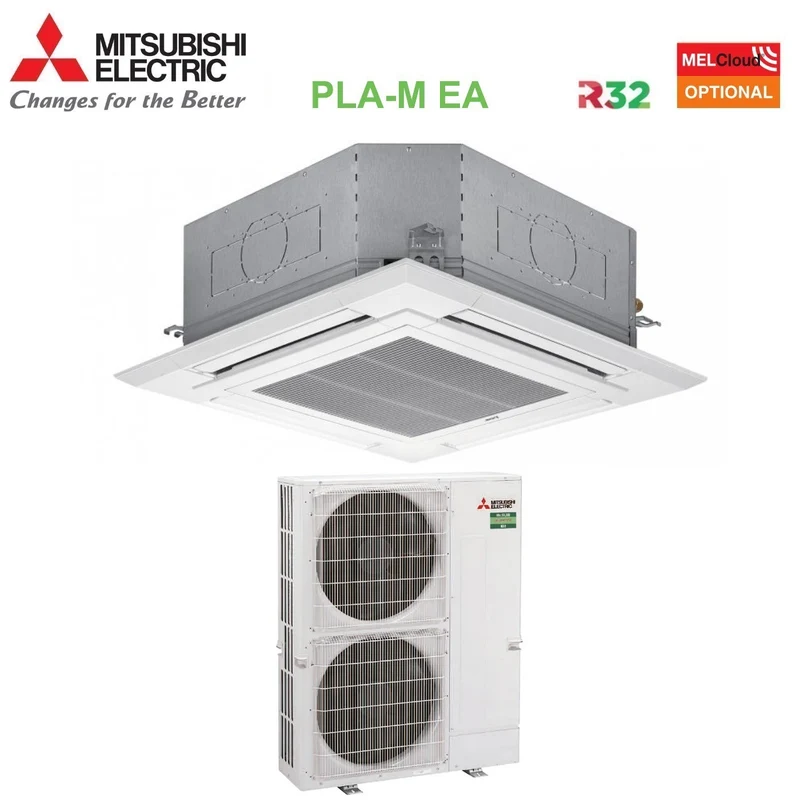 Climatizzatore Condizionatore Mitsubishi Electric Cassetta 90x90 a 4 Vie 42000 Btu PLA-M125EA + PUZ-M125VKA Monofase R-32 Wi-Fi Optional con Griglia Inclusa
