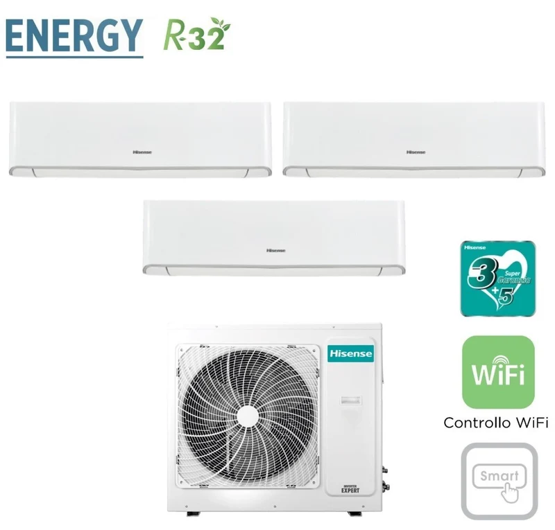 Climatizzatore Condizionatore Hisense Trial Split Inverter serie ENERGY 9+9+9 con 4AMW81U4RRA R-32 Wi-Fi Integrato 9000+9000+9000