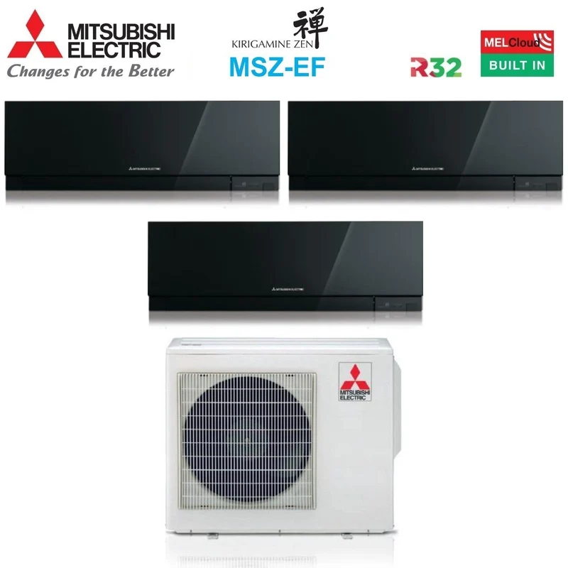 Condizionatore Mitsubishi Electric Trial Split Kirigamine Zen Black 7000+12000+15000 con MXZ-3F68VF R-32 Wi-Fi Integrato