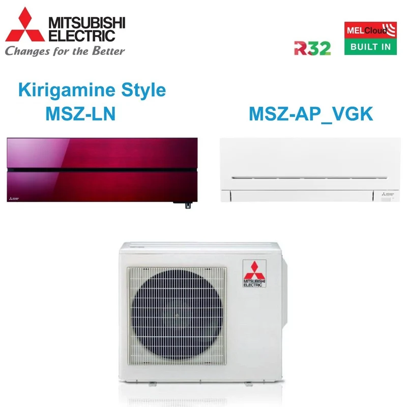 Climatizzatore Condizionatore Mitsubishi Electric Kirigamine Style Ruby Red 12000 + AP-VGK 18000 con MXZ-3F68VF R-32 Wi-Fi Integrato 12+18