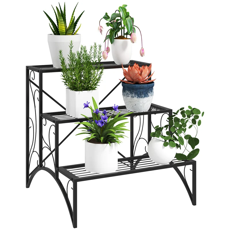 Scaffale per Piante a 3 Livelli a Scaletta 60x60x60 cm per Interno ed Esterno in Metallo Nero