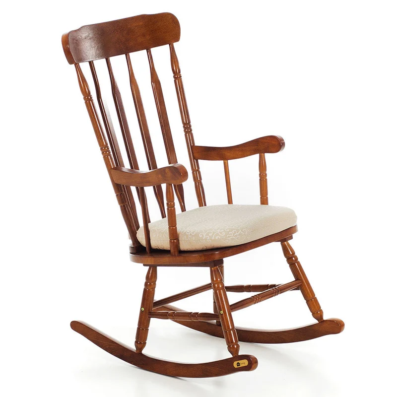 Sedia a Dondolo in Legno Massello con Cuscino Sam Beige